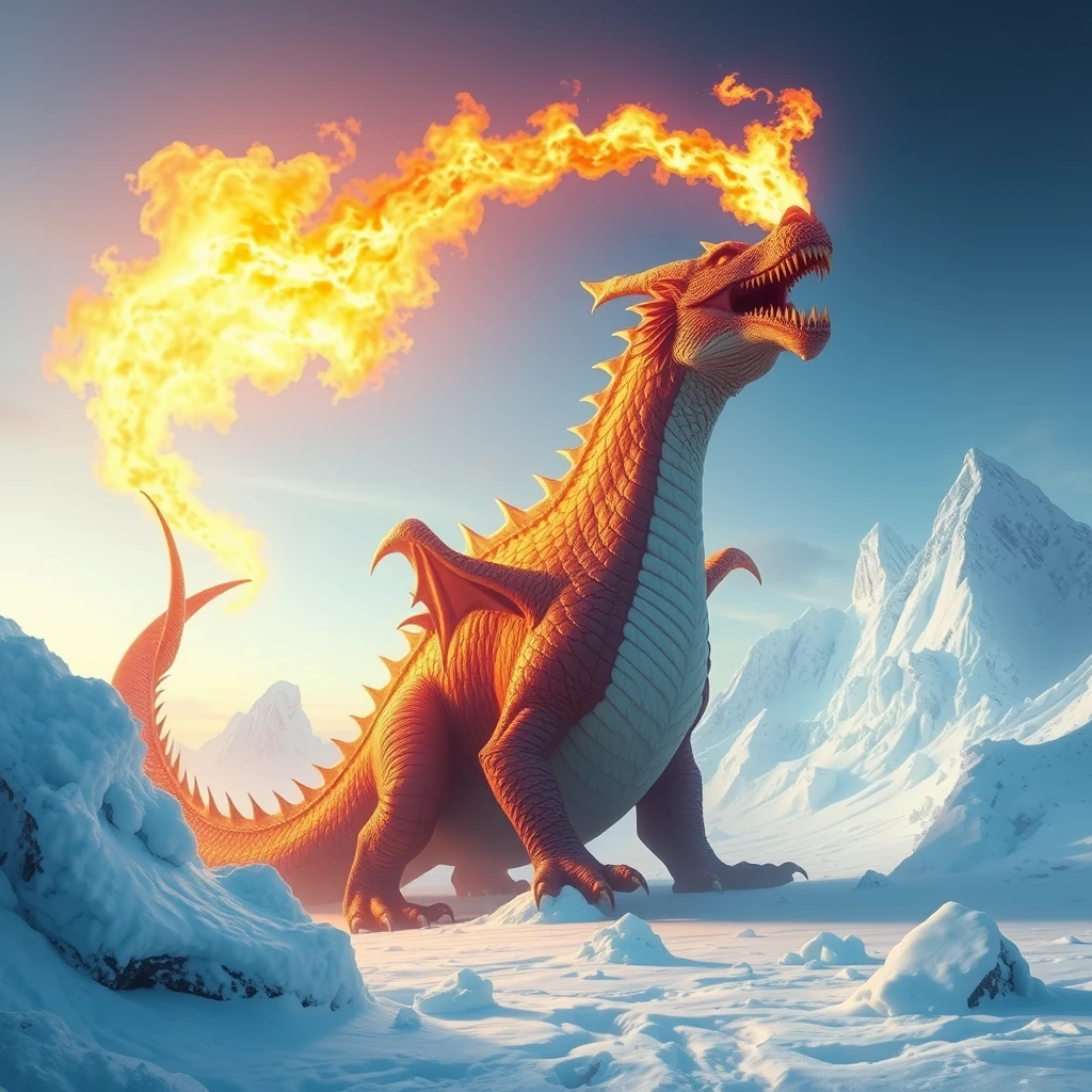 'Ice and snow world, a giant dragon breathing fire' - Image