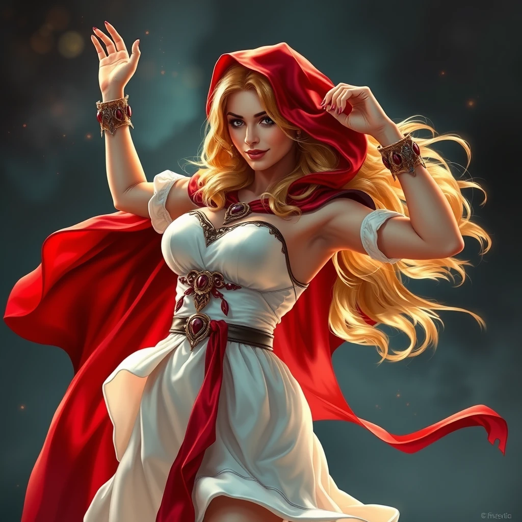 Photorealistic: Blonde fantasy heroine with a red cape dancing.