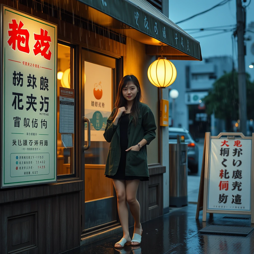 In the evening, a young woman is outside a restaurant, it is raining, and you can see her shoes. There is a sign outside the restaurant, and you can clearly see the words on the sign, which are in Chinese or Japanese. - Image