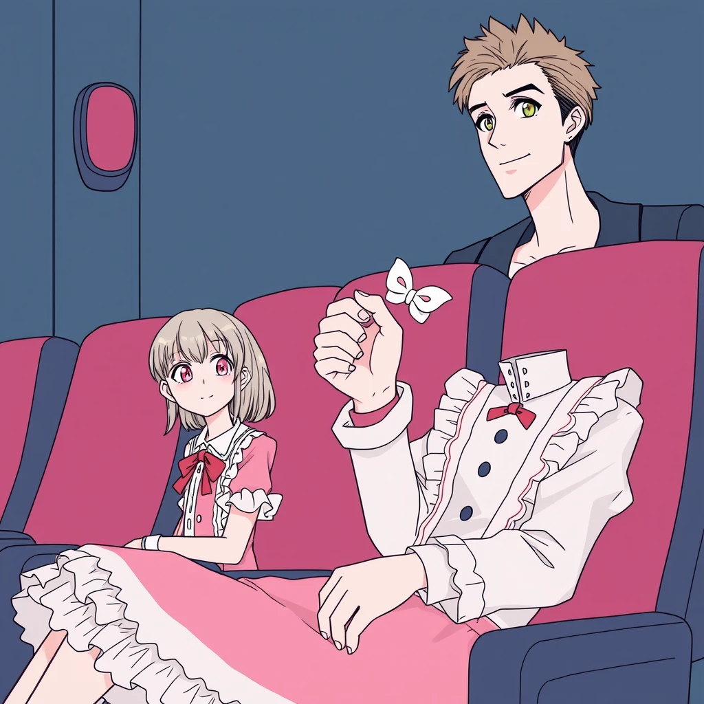 Anime pure lineart, beautiful girl dressed in Lolita costume and handsome tall boyfriend, sitting in a cinema, one hand shaken.