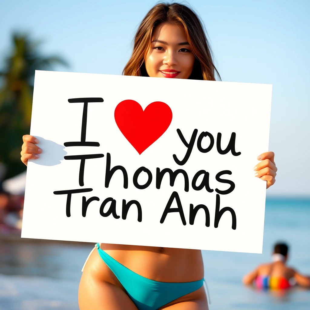 A young woman in a bikini holding a sign with the text "I love you Thomas Tran Anh". - Image