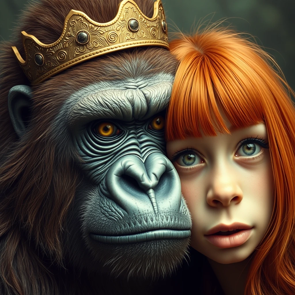 King fierce gorilla next to a cute ginger Russian green-eyed bangs hair teenage queen round face small nose vintage style.