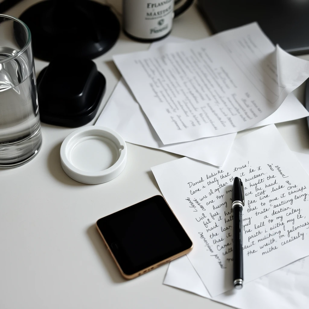 A glass water cup is placed on the left side of the desk, next to it is a cup lid, and there is a mobile phone on the desk. Some A4 papers with writing on them are messily placed on the table, along with an open pen.