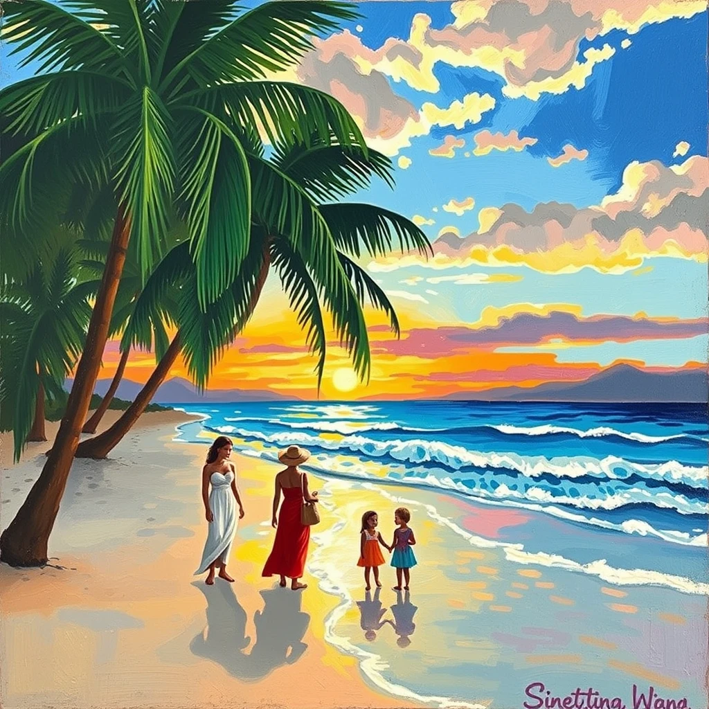 "Create an oil painting in the style of Gauguin: beach, sea, palm trees, women, children, sunset." - Image