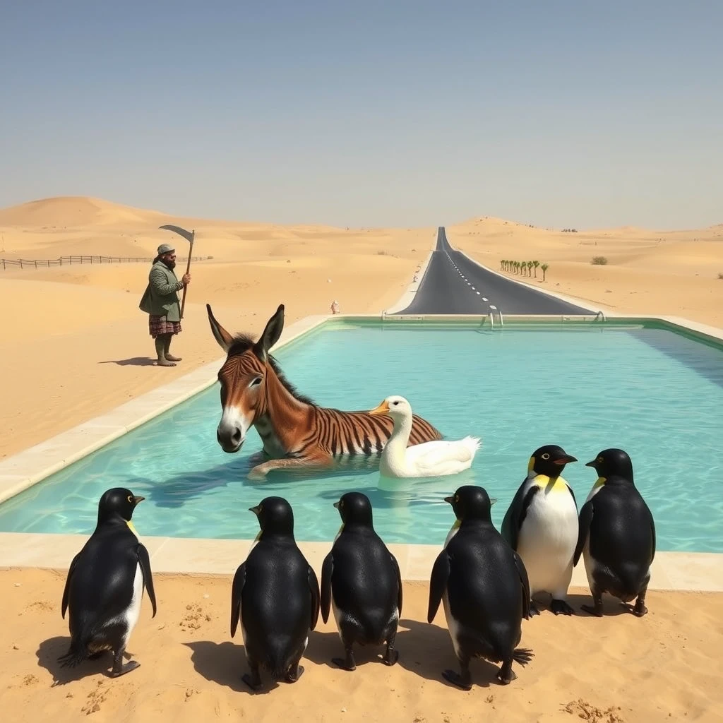 In an endless desert, a donkey and a duck are very cozy lying in a clear swimming pool, while two tigers with halberds stand guard. Not far from the swimming pool, there is an endless road where a few penguins are heavily burdened. The duck and donkey are mocking the penguins.