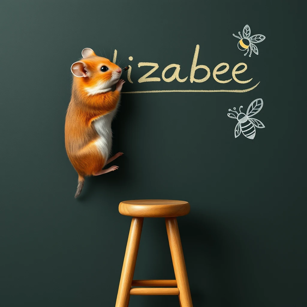 Hamster standing on a long stool writing "Elizabee" on a chalkboard, a doodle of a bee. - Image