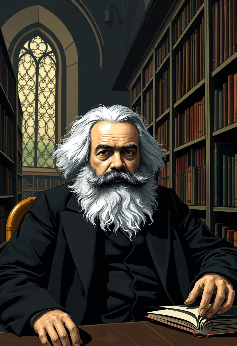 Karl Marx in a library