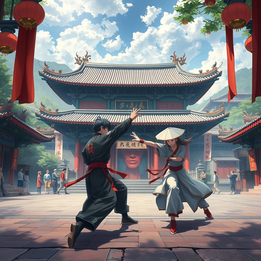 Anime artwork, martial arts arena in front of Taoist temple.