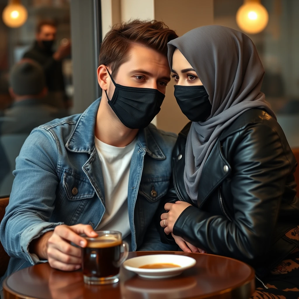 Jamie Dornan's head and body shot, handsome, face mask black, blue jeans jacket, jeans, dating with a grey hijab Muslim girl, beautiful eyes, face mask black, black leather jacket, biggest tiger pattern skirt, at a cafe, 2 cups of espresso on a table, photorealistic.