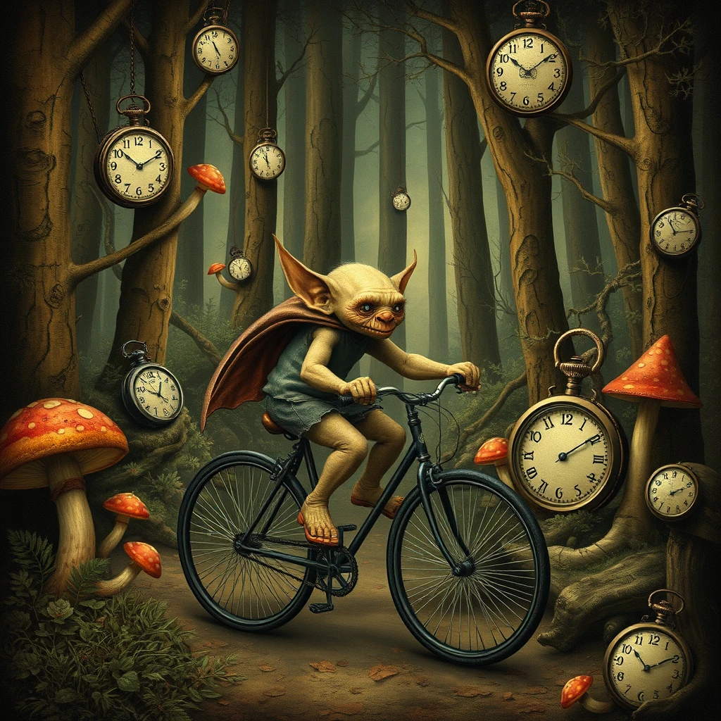 Lost souls in the forest of time, goblin riding a bicycle, fairies, mushrooms, gnomes, weird furry creatures, clocks, pocket watches, surrealism, dreamlike, whimsical.