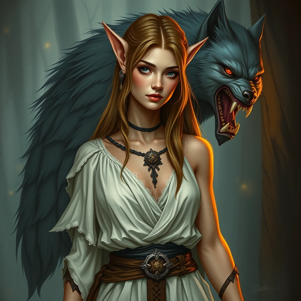 full body. a female elf she is turning into a werewolf. - Image