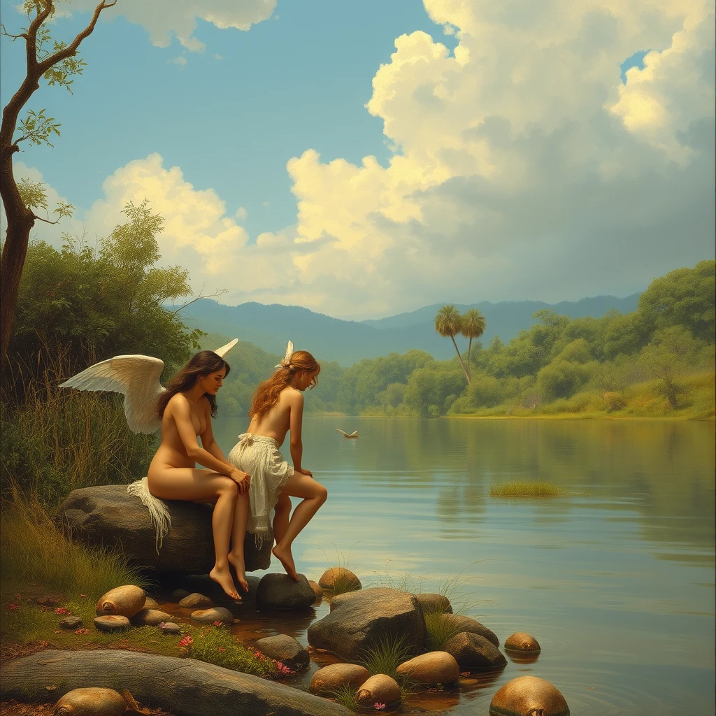 Scene of Colombian nymphs by a river, romantic style.