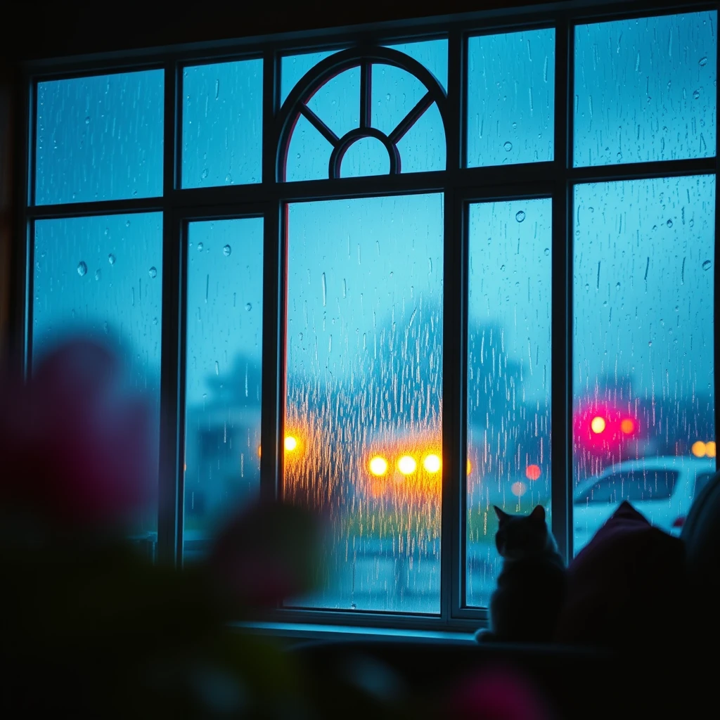 A large east-facing design window, there was a huge rainstorm outside the window, aesthetic sense, royal blue, glowing neon yellow, pink, depth of field, foreground blur, comfortable, relaxed, a cat, master composition, 9:16.