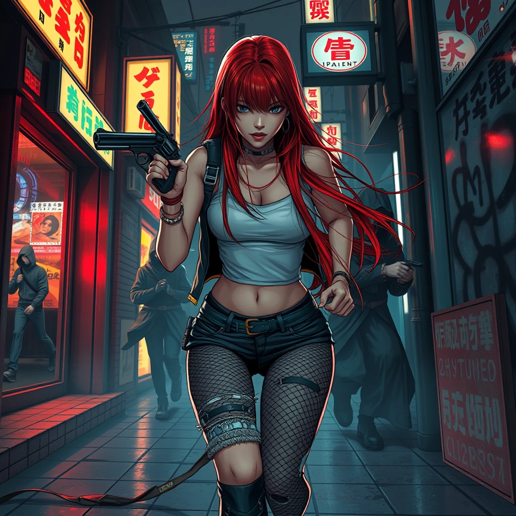 sexy alluring cyberpunk Japanese female with long straight red hair, sprinting desperately down a dark dystopian urban alleyway being chased by cyberpunk assassins in hooded cloaks, holding a revolver pistol in her right hand, ripped jeans, ripped fishnet leggings, pistol pointing upwards, bokeh, depth of field, cybernetic implants, grunge graffiti art style, Japanese shop signs, neon lights with realistic lighting, dark and gloomy, manhwa art style, realistic lighting, realistic reflections, high quality, 8k, concept art, close up camera shot, realistic hands. - Image