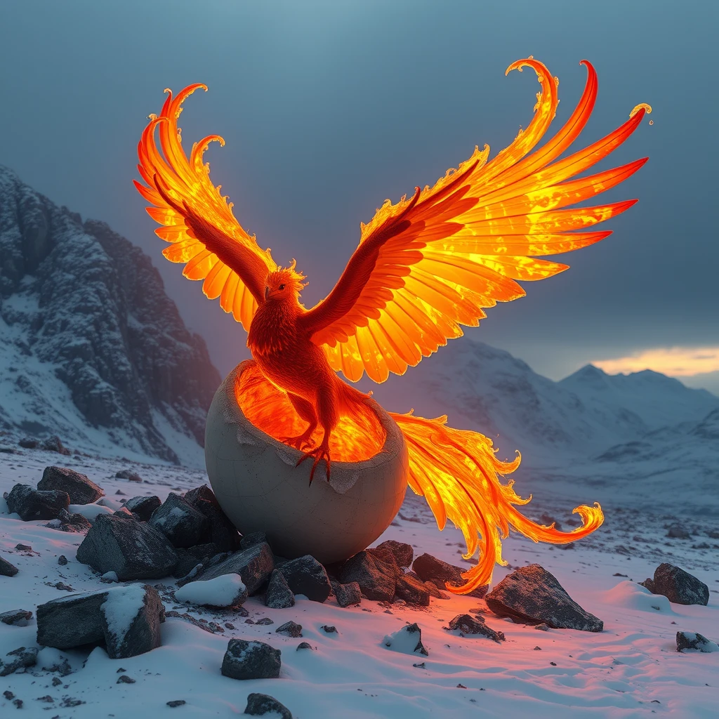 And once again, there was Félix, the Phoenix. She had just hatched from a huge and transcendental egg, appearing to be about 30 meters long and, when she spread her wings, reaching up to 50. Her skin had a color similar to the flames of a fireplace, but more intense, and her tail seemed to be the liveliest fire that any being could witness, approaching the divine. She was born in Norway in a mountainous and icy region, which exuded a mystical and unreal air. - Image