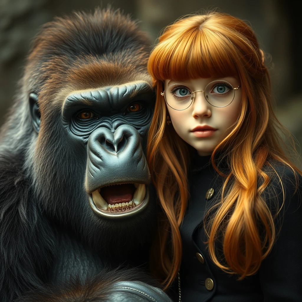 King fierce gorilla next to a cute ginger Russian green-eyed bangs-haired teenage queen vintage style. - Image