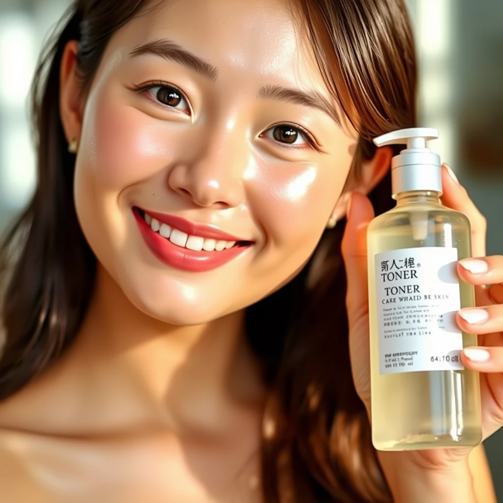 A real photo of a Japanese woman with glowing, radiant skin, holding a bottle of toner in her hand.