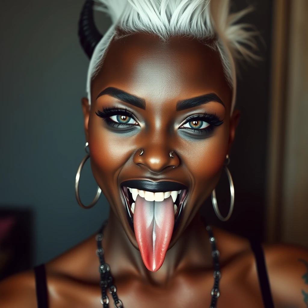 Beautiful black woman, fangs, split tongue, nose ring, side shave, shaved head, white Mohawk, nose rings, earrings, piercings, head tattoo, tattoos, demon, vampire. - Image