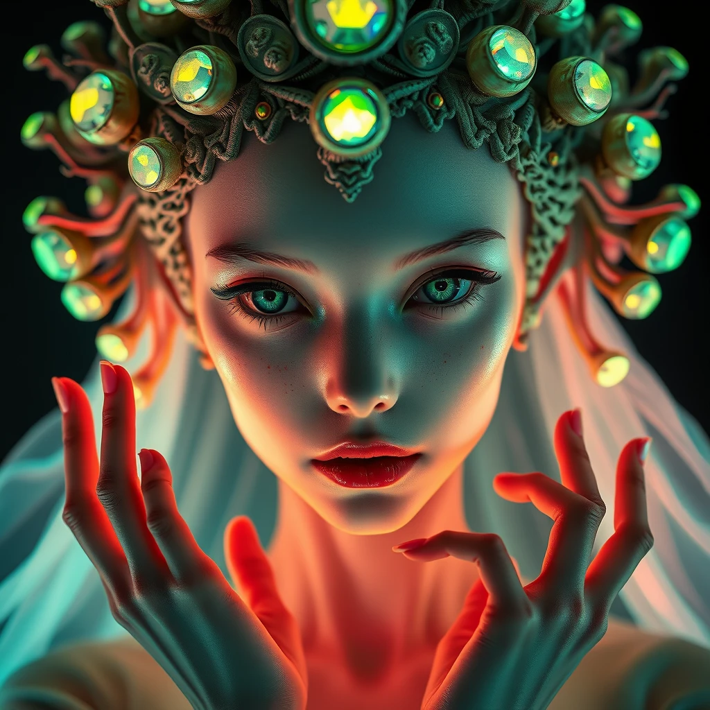 (vibrant neon colors) Ethereal beautiful alien-Japanese female human hybrid, bioluminescent skin. Ornate organic crown with iridescent translucent nodules. Piercing green eyes, elongated features. Intricate bone-like structures, glowing backlit features. Delicate hands framing face. Pale mint complexion, freckles. Flowing seafoam garment. Hyper-detailed textures, otherworldly beauty. Surreal and dreamlike atmosphere, cinematic lighting.