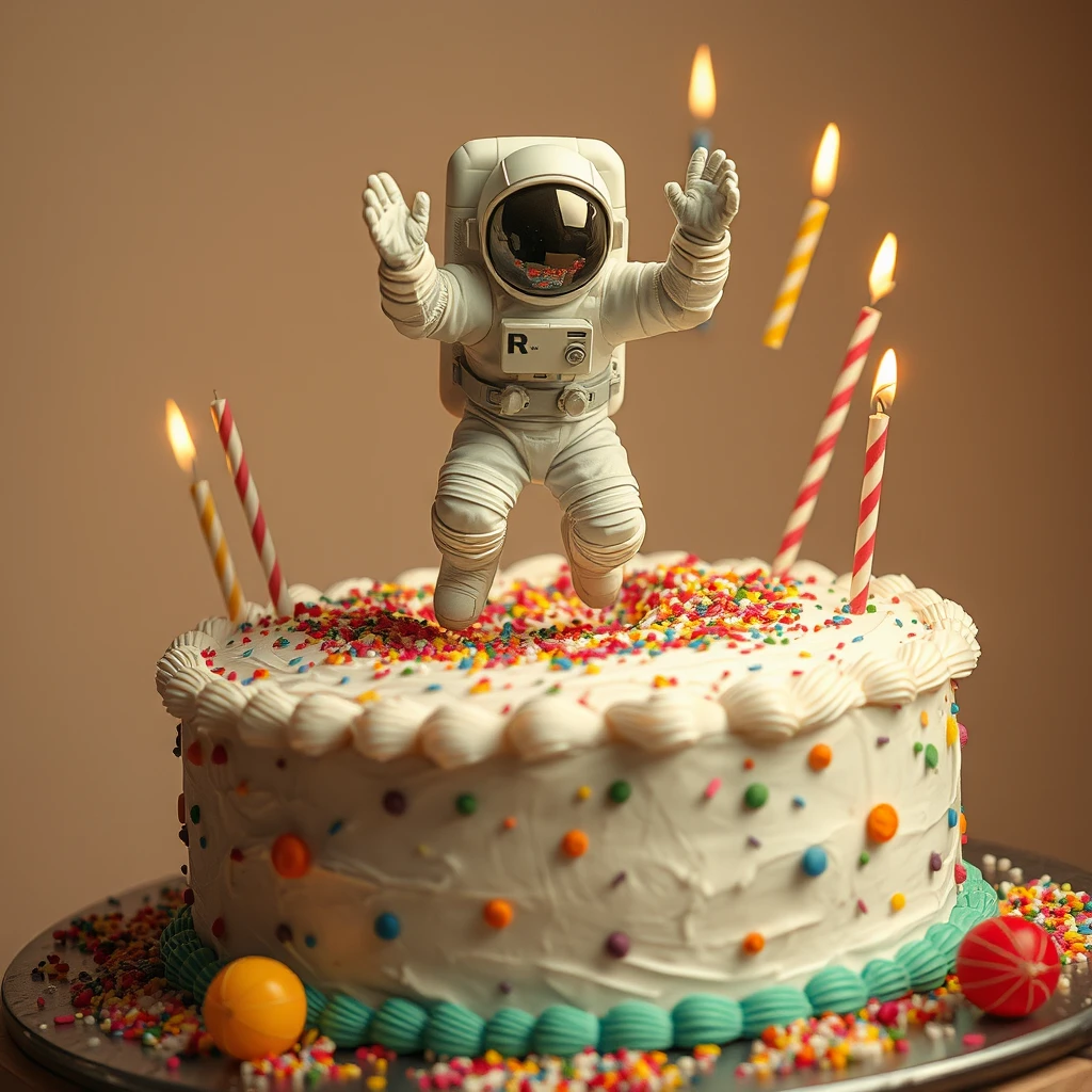 an astronaut jumping out of a giant surprise cake. - Image