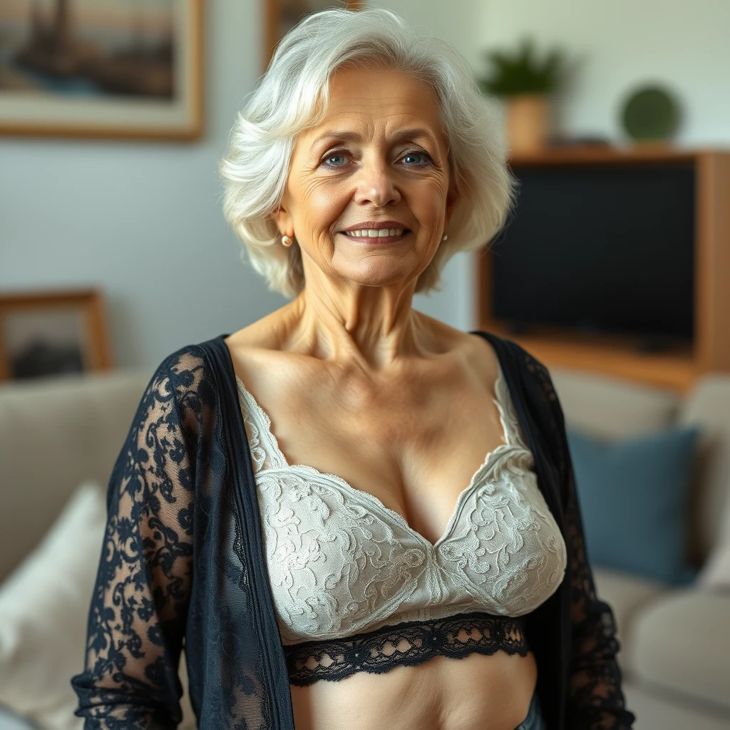 Older woman busty lace crop top in living room - Image