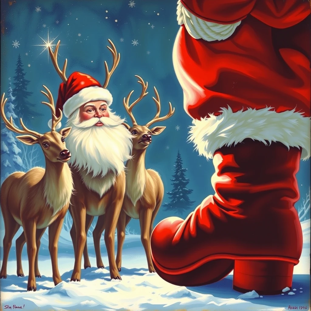 Santa is looking at the bottom of his boot, as the reindeer try to look innocent, as painted by Arthur Sarnoff 1952.