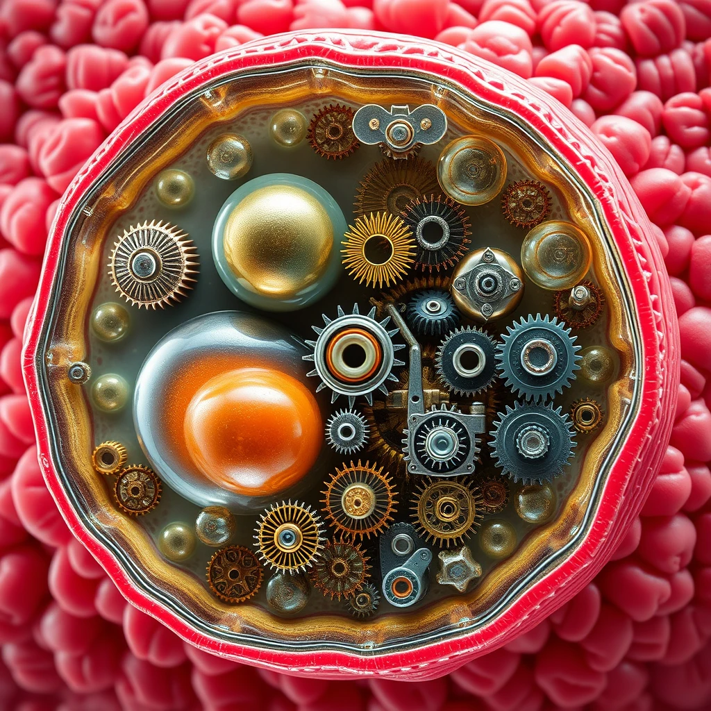 A human skin cell showing the internals including the main organelles, however each organelle is represented as a mechanical machine with a large number of small interconnected cogs and gears.