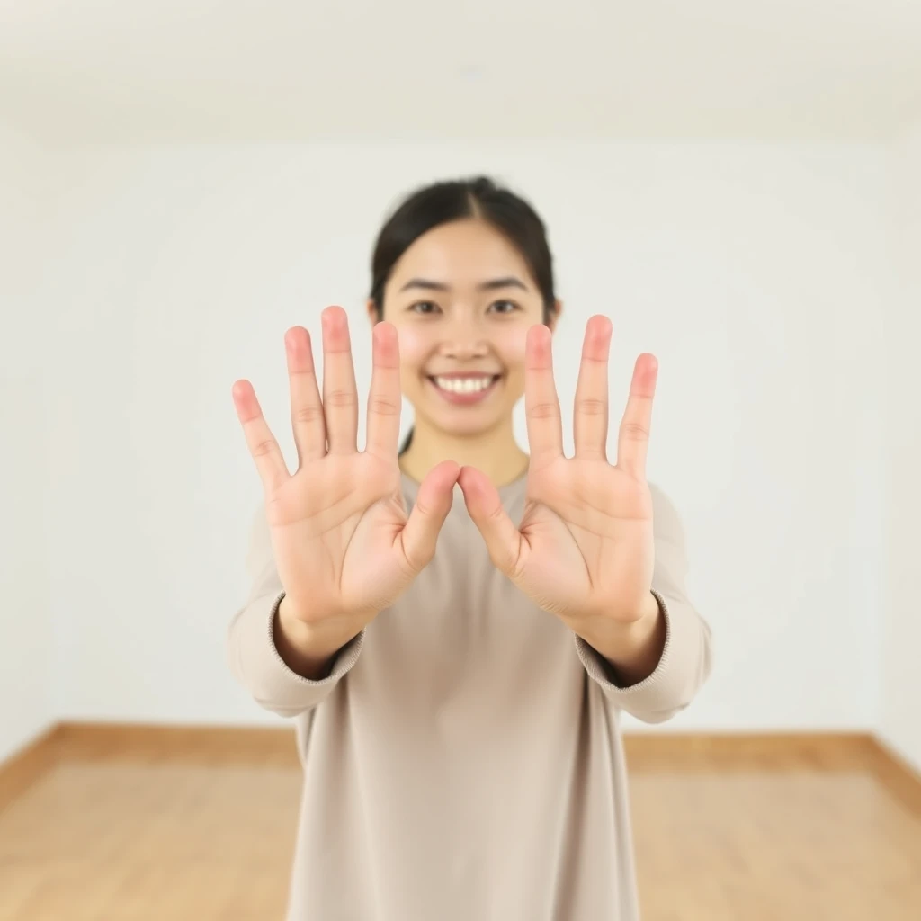 Asian woman holding hands out in an empty room with a white background, 4 fingers and 1 thumb. - Image