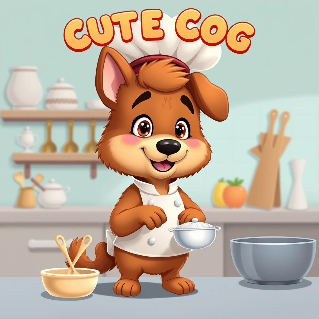 A title screen for a cartoony game about a cute dog chef who works in a kitchen; the dog should be all brown and made of fuzzy fur.