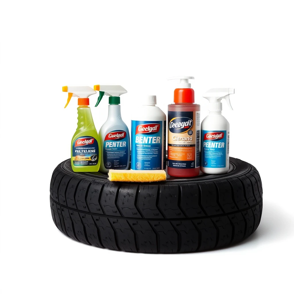 Product photography of various cleaning products placed on a car tyre, including a yellow sponge, no logos, no text or brand names, isolated on a plain white background, Hasselblad, Kodak, Portra 800, photo taken from a slight angle. - Image