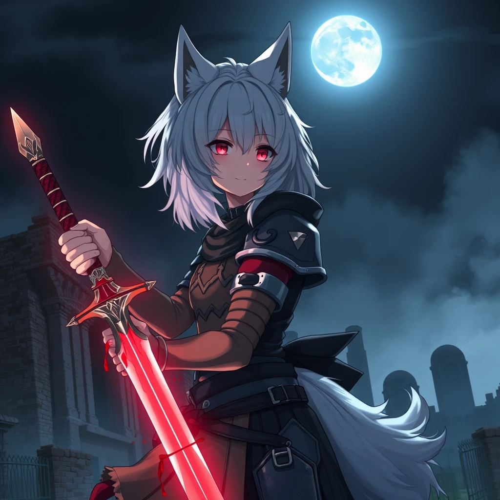 Anime girl with white medium hair, wolf ears, and a tail, holding a sword. The sword is glowing red and covered in blood. The girl is wearing armor. Old ruins can be seen in the background. It is dark and foggy; the sky has a full moon.