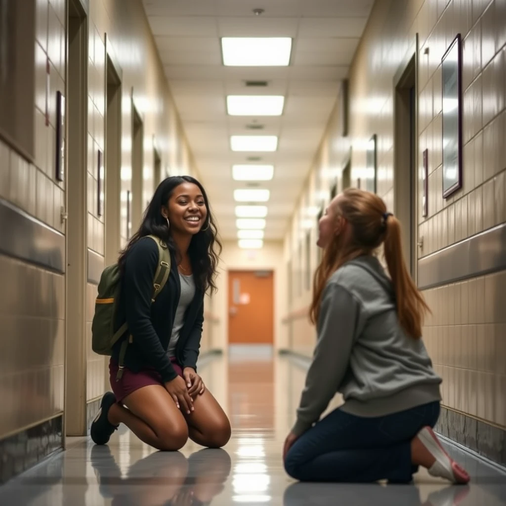 A beautiful African-American female student in a school hallway, laughing as a white girl kneels on the floor before her.