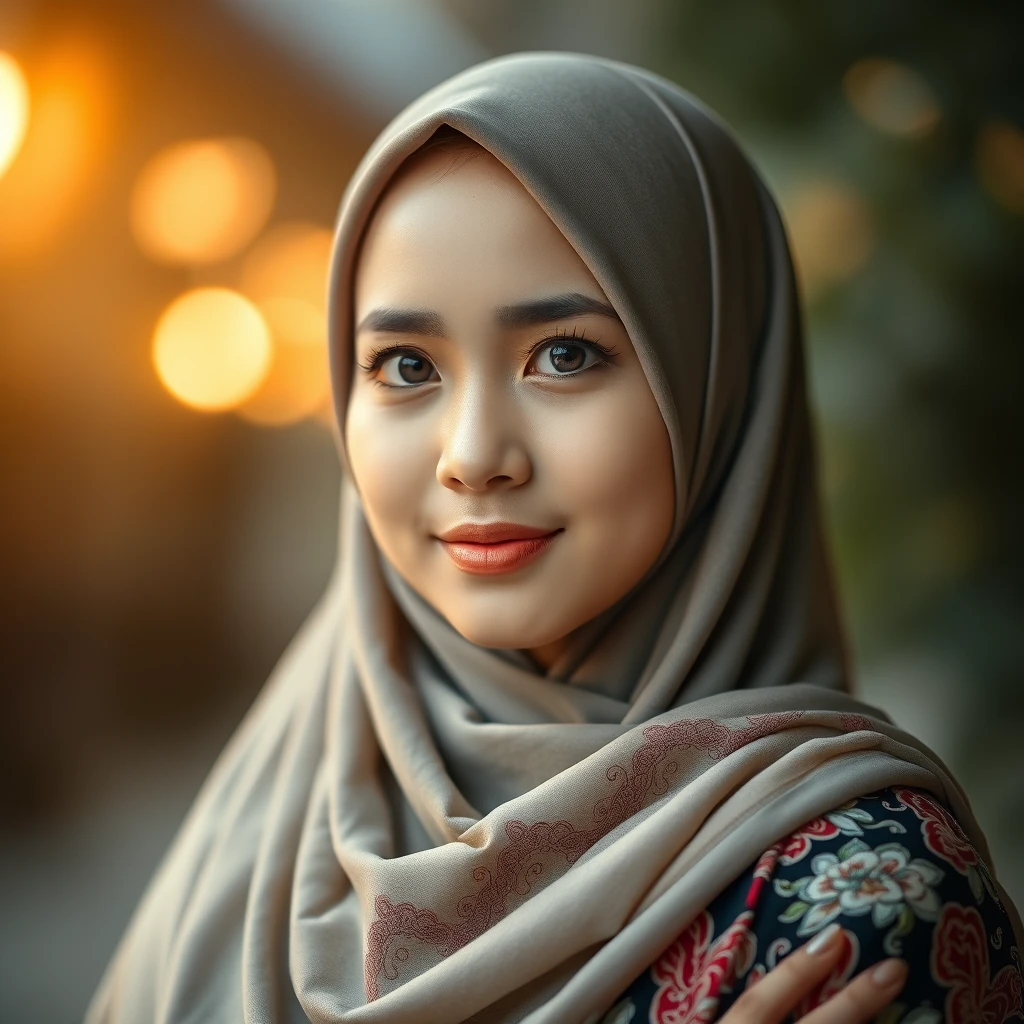 A Japanese Malay beautiful hijab girl, intricate detail, bokeh, golden hour. - Image