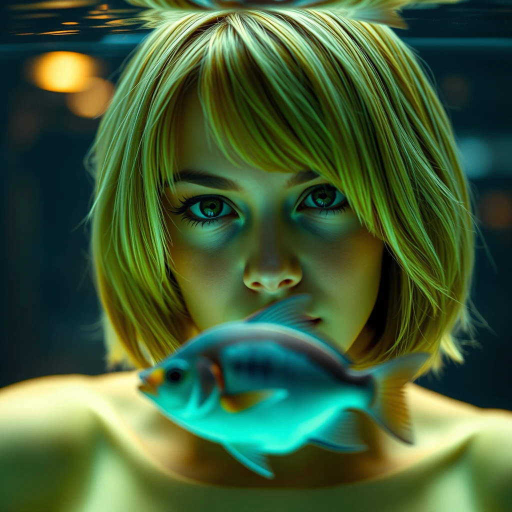 Young woman with a layered blonde bob haircut behind a fish tank, front view of face with caustic lighting, fish in front of her face, cinematography.