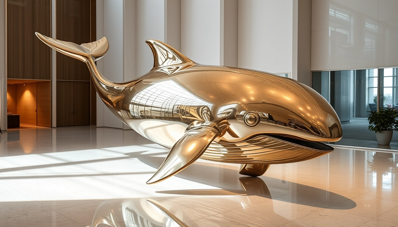 A beautiful abstract whale sculpture made of bright metallic material indoors. - Image