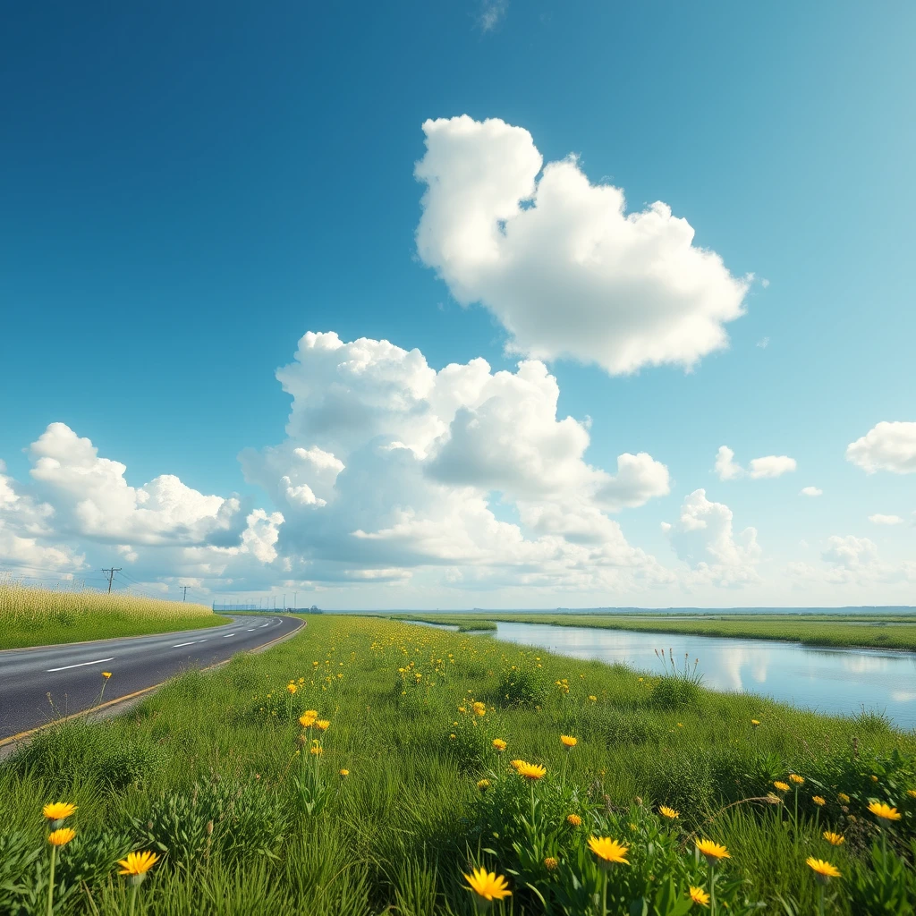 Outdoor, blue sky, white clouds, (transparent glass material: 1.4), (no people face), road, river, (flowers: 1.2), grassland, green plants, yellow flowers, green flowers, strong contrast, depth of field, masterpiece, HD details, wallpaper, 3D art, C4D, OC rendering, surrealism, (no bottle)