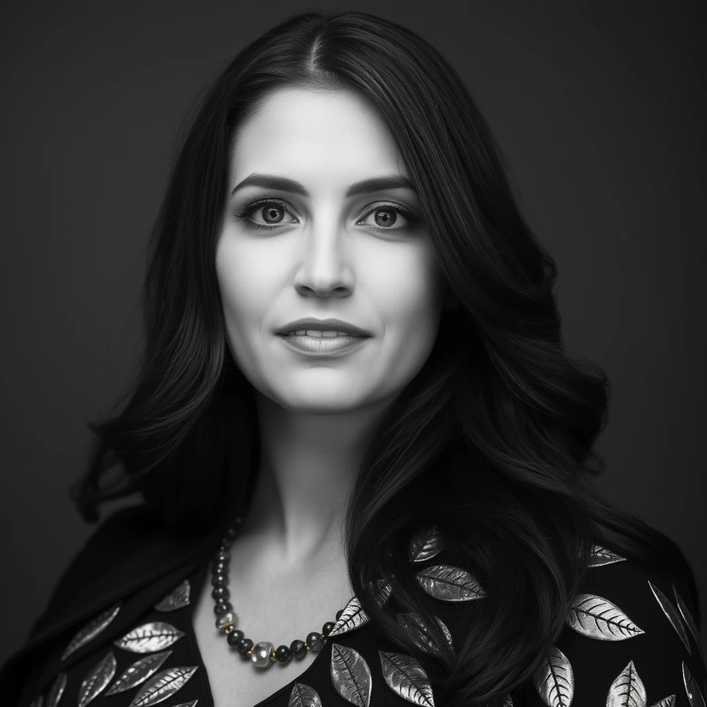 A black and white portrait of a woman with long dark hair, wearing a cape with metallic leaf-like embellishments and a necklace, gazing directly at the camera. - Image