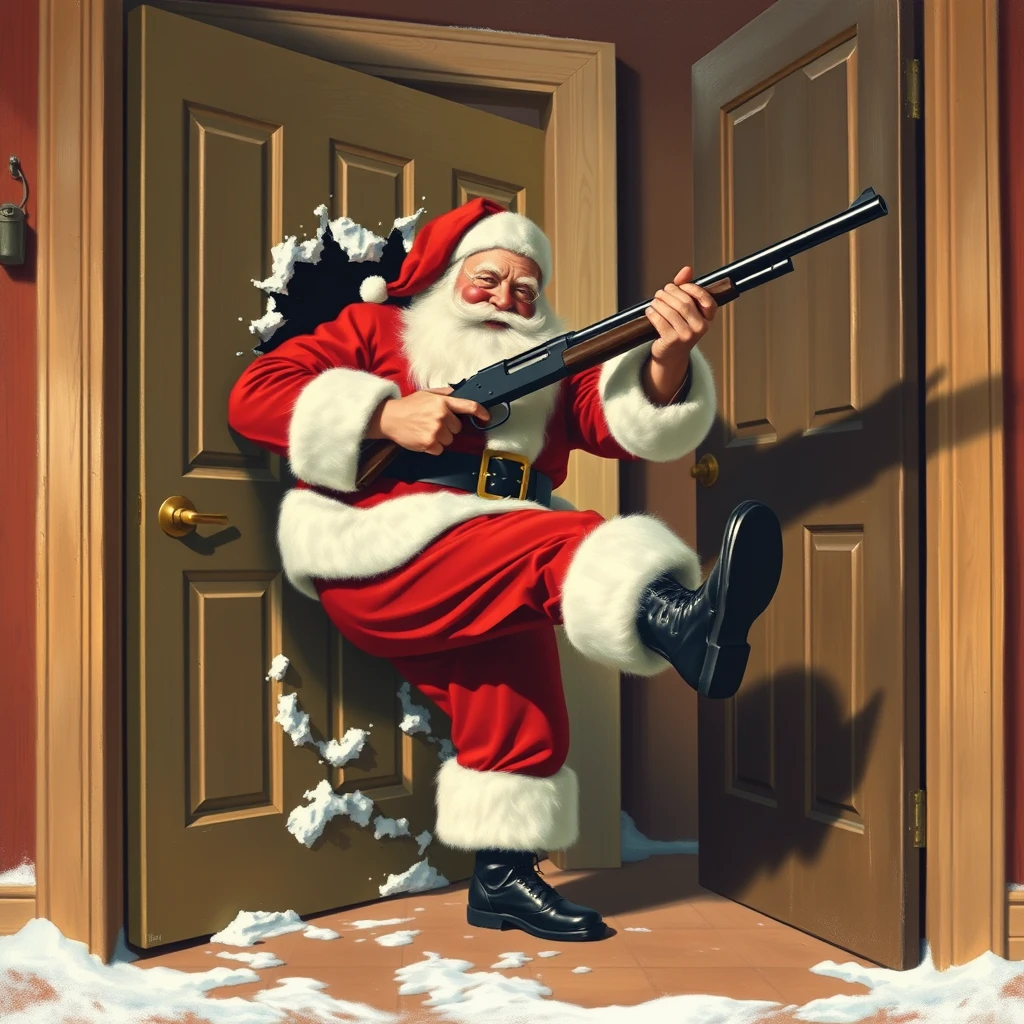 Santa kicks in a door while wielding his sawed off shotgun, as painted by Arthur Sarnoff 1952. - Image