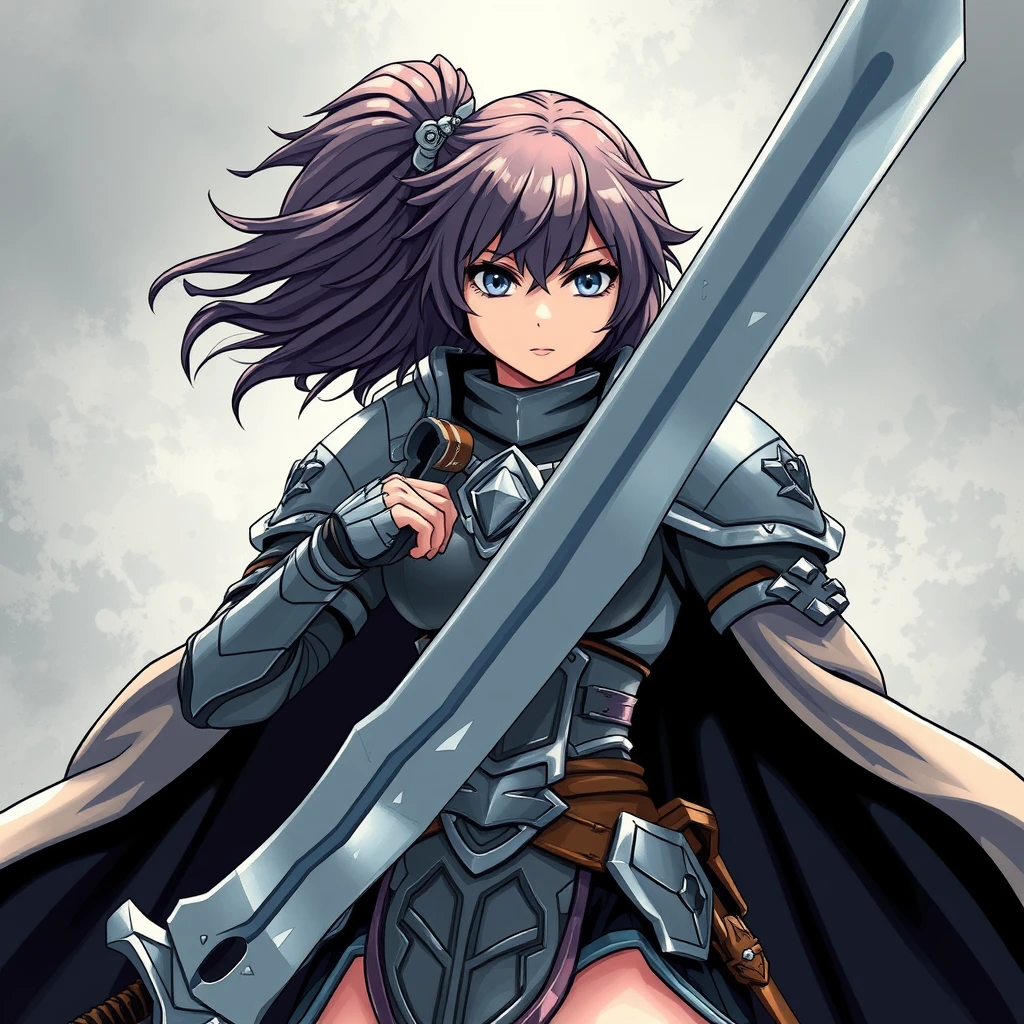 Manga style, female warrior, armor, holding a giant sword. - Image