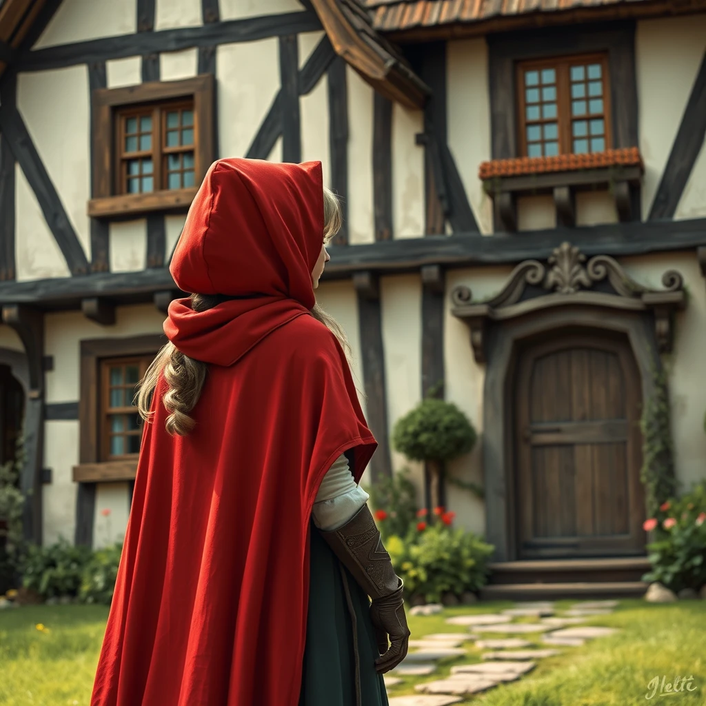 "Fantasy heroine with a red cape without a hood greets her father in front of a half-timbered house."