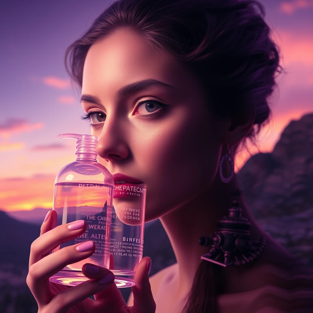 Multiple exposure, the art of Alphonse Mucha, cosmetic glass bottle, violet, character design, rendering, biomechanics, science fiction, volumetric lighting, beautiful landscapes, detailed face, dramatic colors.