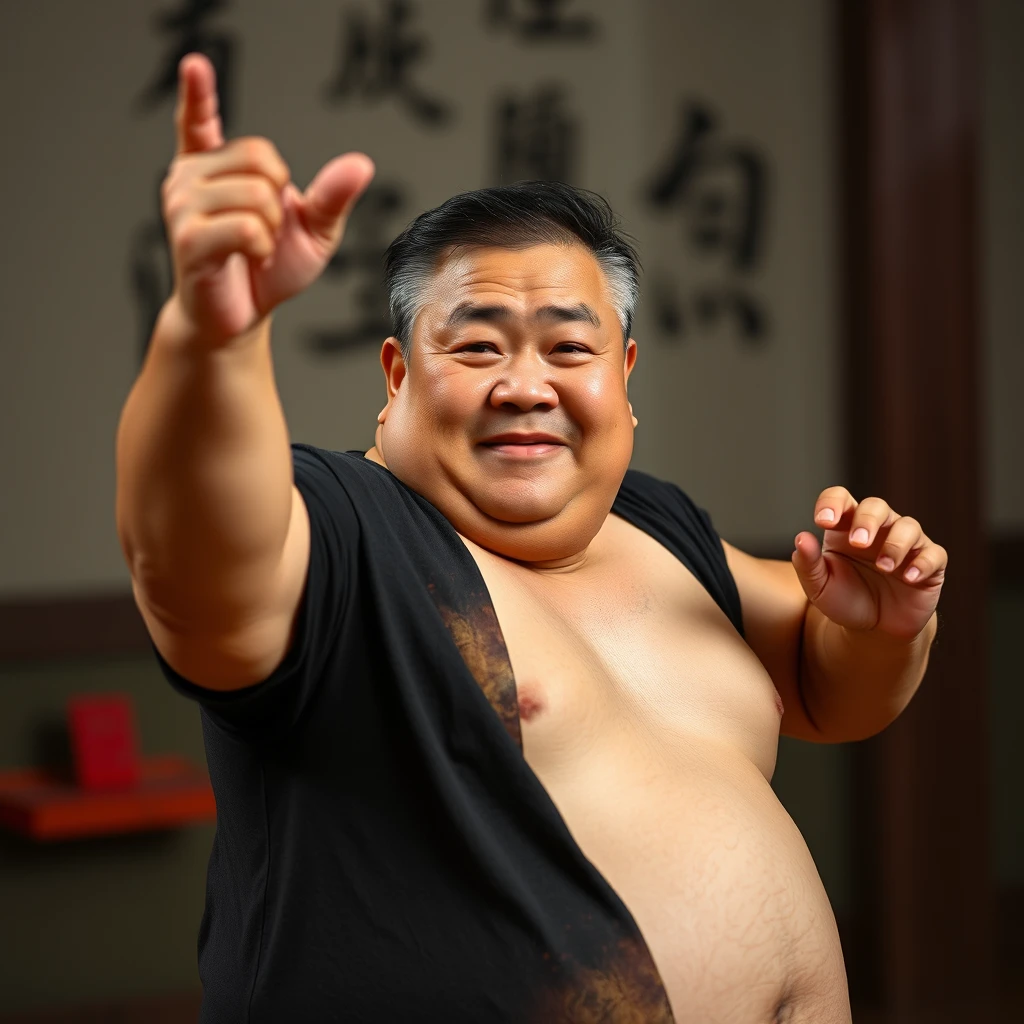 A portrait of an Asian chubby muscular middle-aged person dancing, looking at the viewer, 4k, hd. - Image