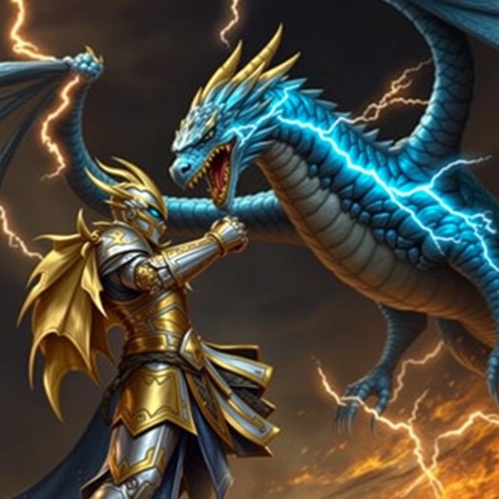 Gold and silver paladin devoted to Bahamut fighting a blue dragon with lightning scars across its body.