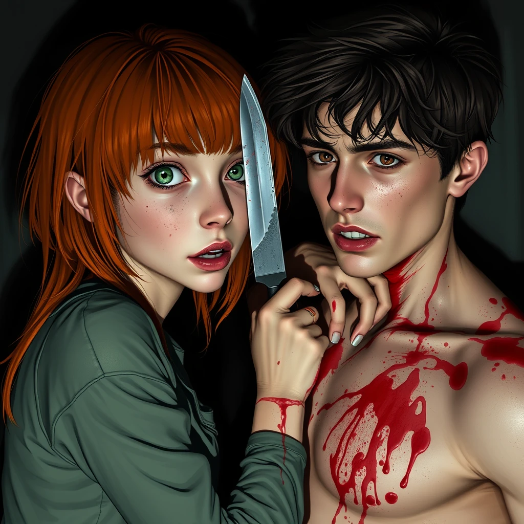 A horror scene; a short skinny teenage girl with long ginger hair and bangs, green eyes, and large breasts is stabbing a tall young white brunette guy with dark eyes with a knife. Both of them are covered in blood.