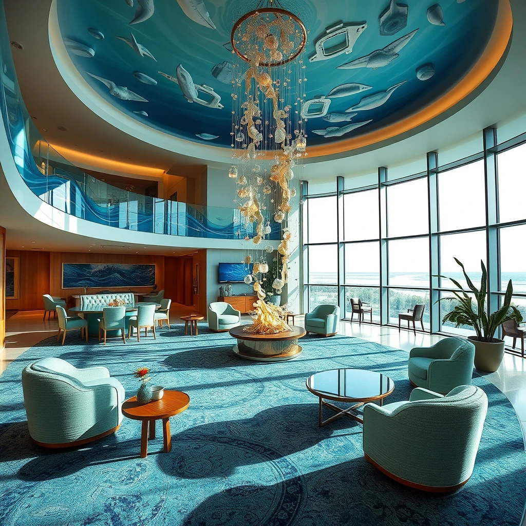 An ocean-themed hotel lobby.