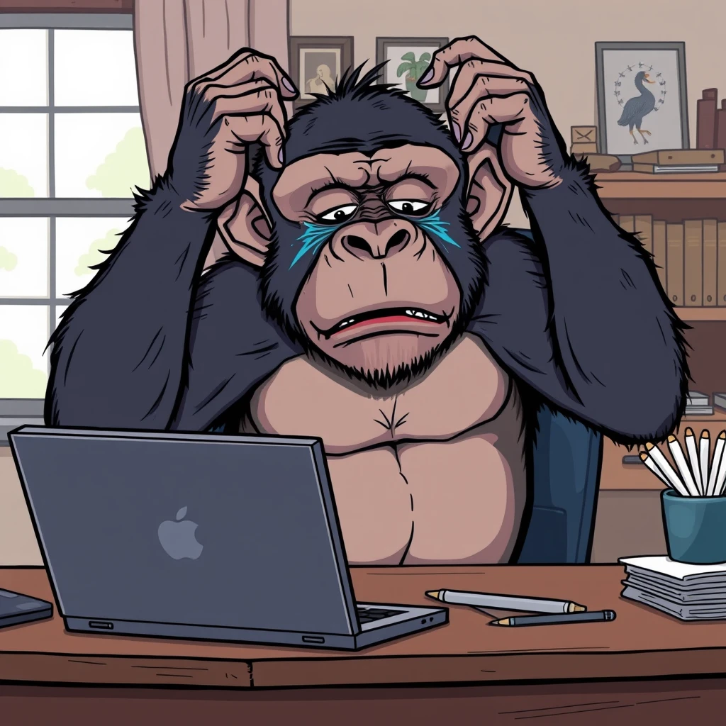 Chimpanzee sitting at a desk in a home office with a laptop computer in front of him. The ape is despondent, crying in rage and despair with his hands held to his head. Stylized detailed cartoon image with exaggerated expressions. - Image