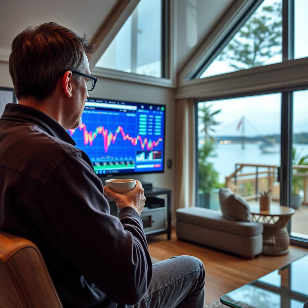 Man watches screen, stocks down 10%. He has a coffee in his waterfront home.