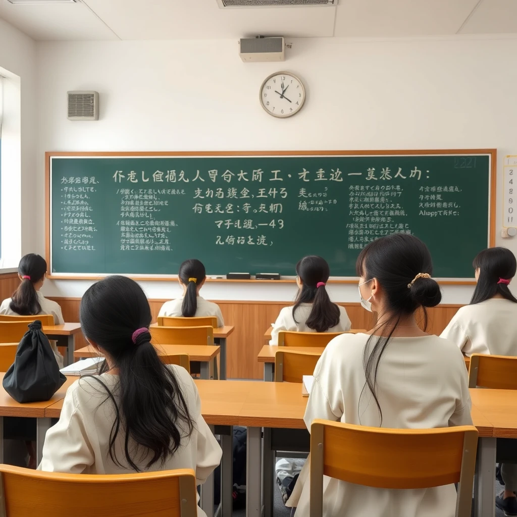 In the classroom, there are female students attending class, with Chinese characters or Japanese language. There are ancient poems on the blackboard.