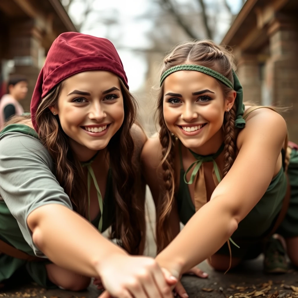 2 x Female college freshmen dressed in Robin Hood style outfits with halter-neck tops crawling toward the camera with cheeky, playful grins. - Image