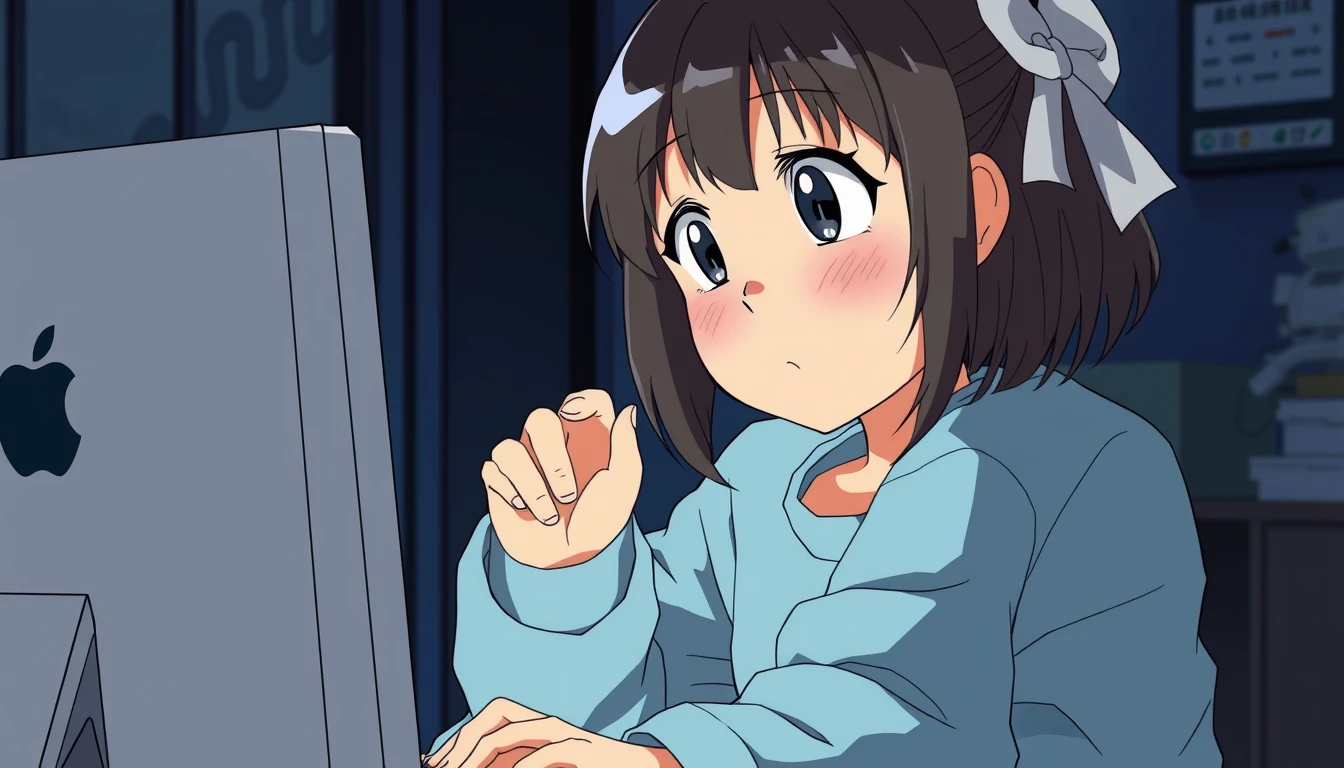 A young girl repairing an Apple computer in Japanese manga style. 16:9 - Image